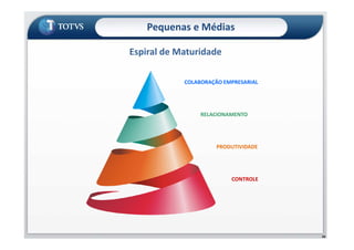 Espiral de Maturidade
RELACIONAMENTO
COLABORAÇÃO EMPRESARIAL
Pequenas e Médias
50
CONTROLE
PRODUTIVIDADE
 