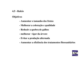 4.5 - Raleio

Objetivos
       - Aumentar o tamanho dos frutos
       - Melhorar a coloração e qualidade
       - Reduzir a quebra de galhos
       - melhorar vigor da árvore
       - Evitar a produção alternada
       - Aumentar a eficiência dos tratamentos fitossanitários
 