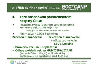 Příklady financování            (Příklad 1/4)


I.      F




II.     Fáze financování prostřednictvím
        skupiny ČSOB
        Postupná tvorba vlastních zdrojů ve formě
        kumulace zisku z minulých let
            -   zvyšující se kredibilita klienta pro banku
    Alternativa k ČSOB Factoring:
Provozní financování      Investiční financování
                            - nákup technologie
                               ČSOB Leasing
+ Bankovní záruka - neplatební
+ Odkup pohledávek za MUNICIPALITAMI
    (velká Města a Kraje) u dlouhodobých
    pohledávek se splatností nad 180 dnů
 