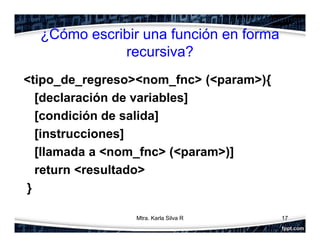 ¿Cómo escribir una función en forma
recursiva?
<tipo_de_regreso><nom_fnc> (<param>){
[declaración de variables]
[condición de salida]
[instrucciones]
[llamada a <nom_fnc> (<param>)]
return <resultado>
}
17Mtra. Karla Silva R
 