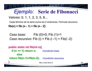 Ejemplo: Serie de Fibonacci
Valores: 0, 1, 1, 2, 3, 5, 8...
Cada término de la serie suma los 2 anteriores. Fórmula recursiva
fib(n) = fib (n - 1) + fib (n - 2)
Caso base: Fib (0)=0; Fib (1)=1
Caso recursivo: Fib (i) = Fib (i -1) + Fib(i -2)
public static int fib(int n){
if (n <= 1) return n; //condición base
else
return fib(n-1)+fib(n-2); //condición recursiva
} 26Mtra. Karla Silva R
 