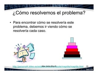 ¿Cómo resolvemos el problema?
• Para encontrar cómo se resolvería este
problema, debemos ir viendo cómo se
resolvería cada caso.
33http://personal4.iddeo.es/estaran/artiludi/pinacote/magritte/magritte.htmlMtra. Karla Silva R
 