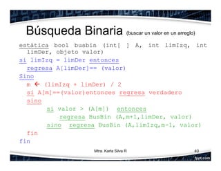 Búsqueda Binaria (buscar un valor en un arreglo)
estática bool busbin (int[ ] A, int limIzq, int
limDer, objeto valor)
si limIzq = limDer entonces
regresa A[limDer]== (valor)
Sino
m  (limIzq + limDer) / 2
si A[m]==(valor)entonces regresa verdadero
sino
si valor > (A[m]) entonces
regresa BusBin (A,m+1,limDer, valor)
sino regresa BusBin (A,limIzq,m-1, valor)
fin
fin
40Mtra. Karla Silva R
 