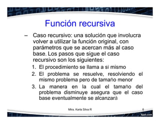 Función recursiva
– Caso recursivo: una solución que involucra
volver a utilizar la función original, con
parámetros que se acercan más al caso
base. Los pasos que sigue el caso
recursivo son los siguientes:
1. El procedimiento se llama a sí mismo
2. El problema se resuelve, resolviendo el
mismo problema pero de tamaño menor
3. La manera en la cual el tamaño del
problema disminuye asegura que el caso
base eventualmente se alcanzará
6Mtra. Karla Silva R
 