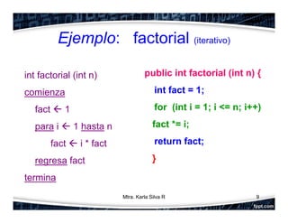 Ejemplo: factorial (iterativo)
public int factorial (int n) {
int fact = 1;
for (int i = 1; i <= n; i++)
fact *= i;
return fact;
}
9
int factorial (int n)
comienza
fact  1
para i  1 hasta n
fact  i * fact
regresa fact
termina
Mtra. Karla Silva R
 