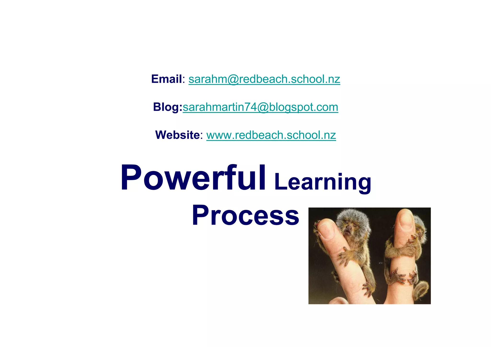 Email: sarahm@redbeach.school.nz

  Blog:sarahmartin74@blogspot.com

  Website: www.redbeach.school.nz



Powerful Learning
        Process
 