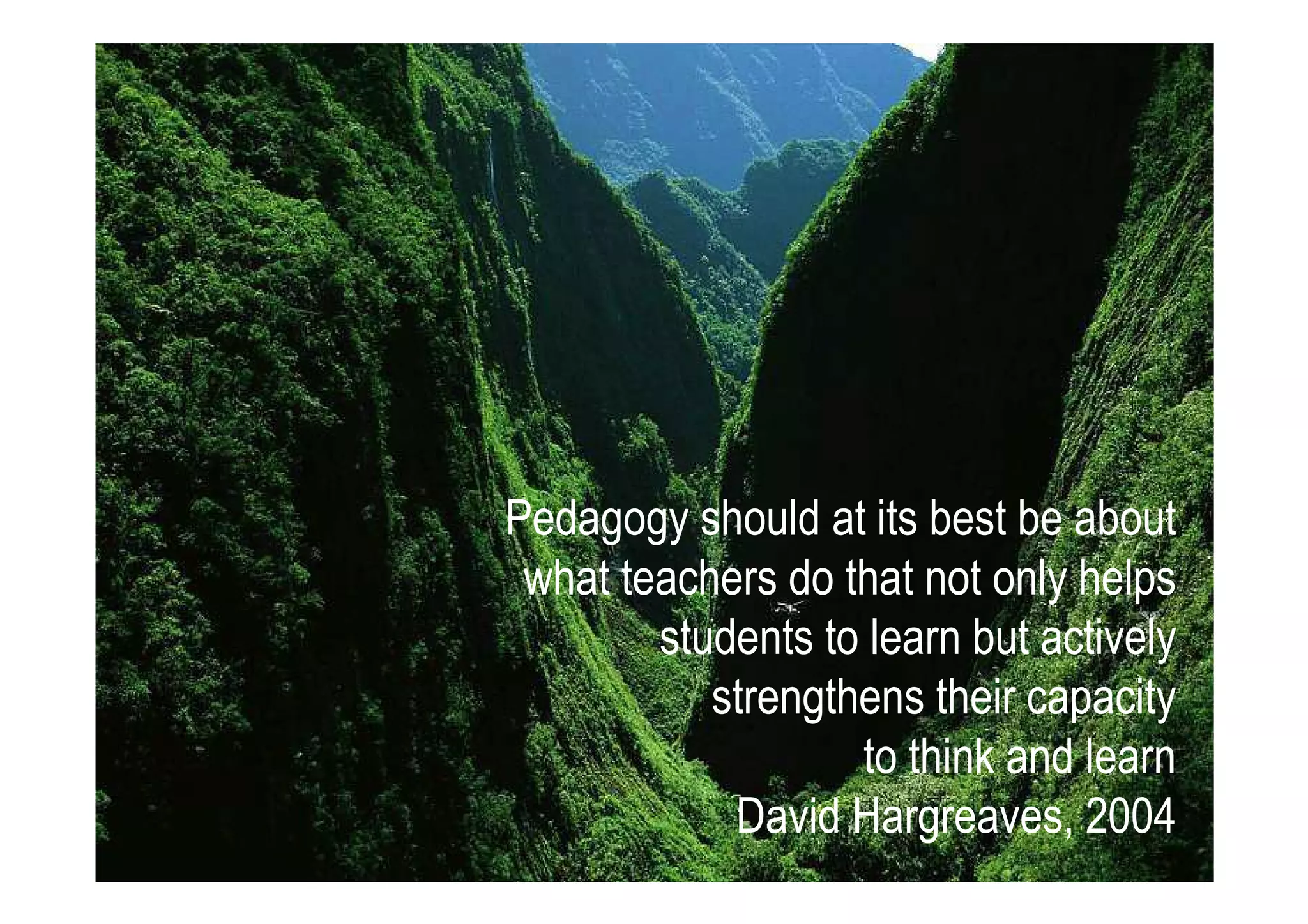 Pedagogy should at its best be about
 what teachers do that not only helps
        students to learn but actively
           strengthens their capacity
                   to think and learn
            David Hargreaves, 2004
 