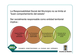 La Responsabilidad Social del Municipio no se limita al
“buen comportamiento del estado”

Ser socialmente responsable como entidad territorial
implica :
 