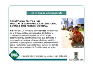 De lo que le corresponde


CONSTITUCION POLITICA 1991
TITULO XI. DE LA ORGANIZACION TERRITORIAL
CAPITULO 3 DEL REGIMEN MUNICIPAL

Artículo 311. Al municipio como entidad fundamental
de la división político-administrativa del Estado le
corresponde prestar los servicios públicos que
determine la ley, construir las obras que demande el
progreso local, ordenar el desarrollo de su territorio,
promover la participación comunitaria, el mejoramiento
social y cultural de sus habitantes y cumplir las demás
funciones que le asignen la Constitución y las leyes.
 