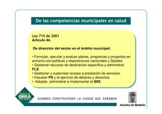 De las competencias municipales en salud


Ley 715 de 2001
 Ley 715 de 2001
Artículo 44.
 Artículo 44.

De dirección del sector en el ámbito municipal:
De dirección del sector en el ámbito municipal:

••Formular, ejecutar yyevaluar planes, programas yyproyectos en
   Formular, ejecutar evaluar planes, programas proyectos en
armonía con políticas yydisposiciones nacionales yyDptales.
 armonía con políticas disposiciones nacionales Dptales.
••Gestionar recursos de destinación específica yyadministrar
   Gestionar recursos de destinación específica administrar
FLS.
 FLS.
••Gestionar yysupervisar acceso a prestación de servicios.
   Gestionar supervisar acceso a prestación de servicios.
••Impulsar PS yyel ejercicio de deberes yyderechos.
   Impulsar PS el ejercicio de deberes derechos.
•• Adoptar, administrar e implementar el SIIS.
    Adoptar, administrar e implementar el SIIS.
 