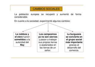 CAMBIOS SOCIALES
La población europea se recuperó y aumentó de forma
considerable.
En cuanto a la sociedad, experimentó algunos cambios:




 La nobleza y          Los campesinos            La burguesía
el clero fueron       ya no son siervos         se convierte en
sometidos a la        y pasan a trabajar        el grupo social
 autoridad del        sus propias tierras       más importante
      Rey              o asalariados en            gracias al
                        las tierras de un        desarrollo del
                              señor.               comercio.
 
