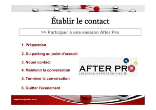 Établir le contact
>> Participer à une session After Pro
2. Du parking au point d’accueil
1. Préparation
3. Nouer contact
4. Maintenir la conversation
5. Terminer la conversation
6. Quitter l’événement
www.iamajeader.com
 