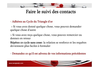 Faire le suivi des contacts
- Demandez ce qu'il est advenu de vos informations précédentes
Répétez ce cycle sans cesse: la relation se renforce et les requêtes
deviennent plus faciles à formuler
> Si vous avez reçu quelque chose, vous pouvez remercier ou
donnez en retour
> Si vous avez donné quelque chose, vous pouvez demander
quelque chose d'autre
- Adhérez au Cycle du Triangle d'or
www.iamajeader.com
 