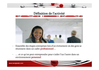 Définition de l’activité
- Ensemble des étapes entreprises lors d’un événement où des gens se
réunissent dans un cadre professionnel…
- … et ce qu'on peut entreprendre pour s'aider l'un l'autre dans un
environnement personnel
www.iamajeader.com
 