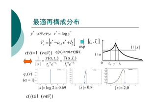 最適再構成分布
y * ：メディアン v * = log y *

[

Vs = v* − as , v* + bs
c(v) =1 (v ∈Vs )

]

[t s , t s ]
exp

q(v)について解く

1
γ (α , t ) Γ (α , t )
= α −ts = α −ts
| s | ts e s
ts e s

1/ | s |
1/α
0

t s y * ts

q s (v )
(α = 1)

| s |= log 2 ≅ 0.69

c(v) ≤1 (v ∉Vs )

| s |= 0.8

| s |= 2.0

 