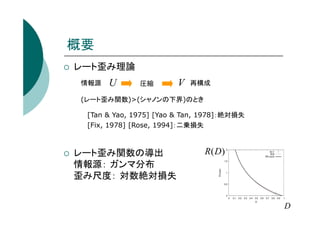 概要
レート歪み理論
情報源

U

圧縮

V

再構成

(レート歪み関数)>(シャノンの下界)のとき
[Tan & Yao, 1975] [Yao & Tan, 1978]：絶対損失
[Fix, 1978] [Rose, 1994]：二乗損失

レート歪み関数の導出
情報源： ガンマ分布
歪み尺度： 対数絶対損失

R(D)

D

 