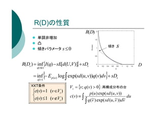 R(D)の性質
R(D)
単調非増加
凸
傾きパラメータ

s≤0

傾き

s

R(Ds ) = inf {I (q) − sE[d(U,V )]}+ sDs
q(v|u)

{

D

}

= inf − E p(u ) log ∫ exp(sd (u, v))q(v)dv + sDs
q(v)

KKT条件

c(v) =1 (v ∈Vs )

c(v) ≤1 (v ∉Vs )

Vs = {v; q (v) > 0}：再構成分布の台
p (u ) exp( sd (u , v ))
c (v ) ≡ ∫
~ ) exp( sd (u , v ))dv du
~ ~
q (v
∫

 