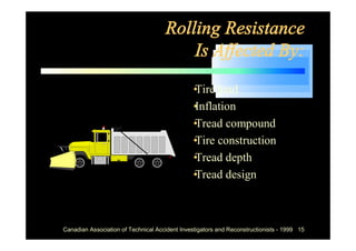 Rolling Resistance
                                         Is Affected By:
                                            • load
                                            Tire
                                            •
                                            Inflation
                                            •
                                            Tread compound
                                            • construction
                                            Tire
                                            •
                                            Tread depth
                                            •
                                            Tread design



Canadian Association of Technical Accident Investigators and Reconstructionists - 1999 15
 