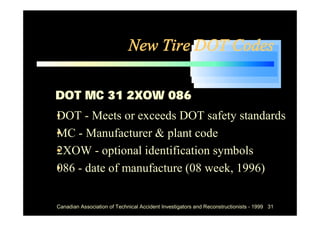 New Tire DOT Codes

 DOT MC 31 2XOW 086
• - Meets or exceeds DOT safety standards
DOT
• - Manufacturer & plant code
MC
•
2XOW - optional identification symbols
• - date of manufacture (08 week, 1996)
086


 Canadian Association of Technical Accident Investigators and Reconstructionists - 1999 31
 