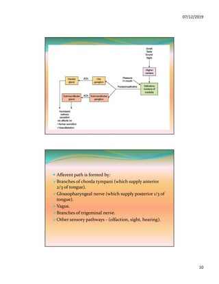 07/12/2019
10
Regulation of salivary secretion
 Afferent path is formed by:
Branches of chorda tympani (which supply anterior
2/3 of tongue).
Glossopharyngeal nerve (which supply posterior 1/3 of
tongue).
Vagus.
Branches of trigeminal nerve.
Other sensory pathways - (olfaction, sight, hearing).
 