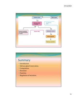 07/12/2019
11
Summary
 Introduction
 Salivary gland innervation.
 Composition
 Secretion
 Function
 Regulation of secretion.
 