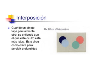 Interposición
Cuando un objeto
tapa parcialmente
otro, se entiende que
el que está oculto está
más lejos. Esto sirve
como clave para
percibir profundidad
 