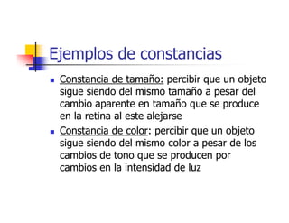 Ejemplos de constancias
 Constancia de tamaño: percibir que un objeto
 sigue siendo del mismo tamaño a pesar del
 cambio aparente en tamaño que se produce
 en la retina al este alejarse
 Constancia de color: percibir que un objeto
 sigue siendo del mismo color a pesar de los
 cambios de tono que se producen por
 cambios en la intensidad de luz
 
