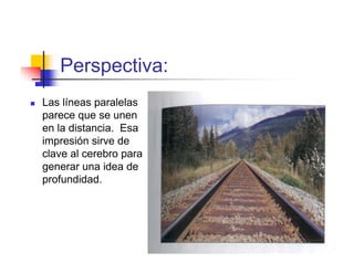 Perspectiva:
Las líneas paralelas
parece que se unen
en la distancia. Esa
impresión sirve de
clave al cerebro para
generar una idea de
profundidad.
 