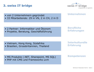 3. swiss IT bridge

                                                Unternehmen
• von 2 Unternehmern gegründet
• 33 Mitarbeitende: 29 in VN, 2 in CH, 2 in D



 • 2 Partner: Informatiker und Ökonom           Berufliche
 • Projekte, Beratung, Geschäftsführung         Erfahrungen




• Vietnam, Hong Kong, Südafrika                 Interkulturelle
• Brasilien, Grossbritannien, Thailand          Erfahrung




 • MS Produkte (.NET, Sharepoint, MS SQL)       Kompetenzen
 • PHP mit CMS und Frameworks uvm


                                                    SIB Alumni Präsentation Mai 09, - Seite 6
 