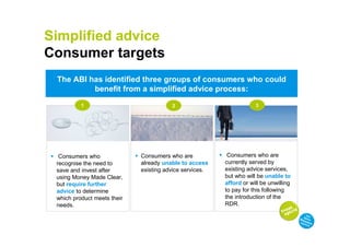 Simplified advice
Consumer targets
 The ABI has identified three groups of consumers who could
          benefit from a simplified advice process:

          1                             2                            3




  Consumers who              Consumers who are            Consumers who are
 recognise the need to       already unable to access    currently served by
 save and invest after       existing advice services.   existing advice services,
 using Money Made Clear,                                 but who will be unable to
 but require further                                     afford or will be unwilling
 advice to determine                                     to pay for this following
 which product meets their                               the introduction of the
 needs.                                                  RDR.
 
