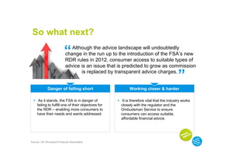 So what next?

                          “   Although the advice landscape will undoubtedly
                           change in the run up to the introduction of the FSA’s new
                           RDR rules in 2012, consumer access to suitable types of
                           advice is an issue that is predicted to grow as commission
                                                                                           “
                                  is replaced by transparent advice charges.


             Danger of falling short                       Working closer & harder

      As it stands, the FSA is in danger of            It is therefore vital that the industry works
     failing to fulfill one of their objectives for   closely with the regulator and the
     the RDR – enabling more consumers to             Ombudsman Service to ensure
     have their needs and wants addressed.            consumers can access suitable,
                                                      affordable financial advice.




Source: UK Structured Products Association
 
