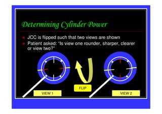 Determining Cylinder Power
 JCC is flipped such that two views are shown
 Patient asked: “Is view one rounder, sharper, clearer
 or view two?”




                          FLIP
       VIEW 1                                 VIEW 2
 
