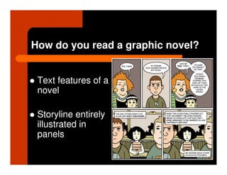 How do you read a graphic novel?


 Text features of a
 novel

 Storyline entirely
 illustrated in
 panels
 