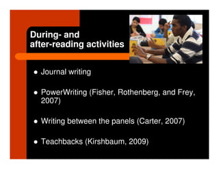 During- and
after-reading activities


  Journal writing

  PowerWriting (Fisher, Rothenberg, and Frey,
  2007)

  Writing between the panels (Carter, 2007)

  Teachbacks (Kirshbaum, 2009)
 