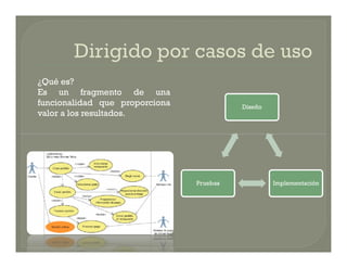 ¿Qué es?
Es un fragmento de una
funcionalidad que proporciona             Diseño
valor a los resultados.




                                Pruebas            Implementación
 