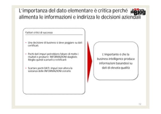 L’importanza del dato elementare è critica perché
alimenta le informazioni e indirizza le decisioni aziendali

   Fattori critici di successo


   • Una decisione di business si deve poggiare su dati
   • Una decisione di business si deve poggiare su dati
     certificati.
     certificati.


   • Pochi dati impuri potrebbero falsare di molto ii
   • Pochi dati impuri potrebbero falsare di molto            L’importante è che la
                                                               L’importante è che la
     risultati e produrre INFORMAZIONI sbagliate.
     risultati e produrre INFORMAZIONI sbagliate.
     Meglio quindi scartarli o rettificarli
     Meglio quindi scartarli o rettificarli               business intelligence produca
                                                          business intelligence produca
                                                           informazioni basandosi su
                                                            informazioni basandosi su
   • Scartare pochi DATI impuri non altera la
   • Scartare pochi DATI impuri non altera la                 dati di elevata qualità
                                                              dati di elevata qualità
     sostanza delle INFORMAZIONI estratte
     sostanza delle INFORMAZIONI estratte




                                                                                          12
 