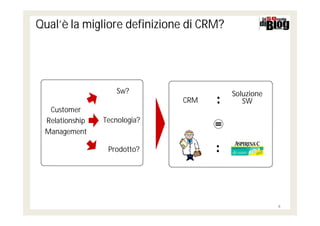 Qual’è la migliore definizione di CRM?




                    Sw?                  Soluzione
                              CRM           SW
  Customer
 Relationship   Tecnologia?
 Management

                 Prodotto?




                                                     4
 