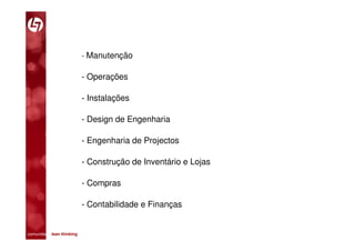 - Manutenção

                         - Operações

                         - Instalações

                         - Design de Engenharia

                         - Engenharia de Projectos

                         - Construção de Inventário e Lojas

                         - Compras

                         - Contabilidade e Finanças


comunidade lean thinking 
 