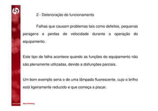 2 - Deterioração do funcionamento


                         Falhas que causam problemas tais como defeitos, pequenas

           paragens e perdas de velocidade durante a operação do

           equipamento.



           Este tipo de falha acontece quando as funções do equipamento não

           são plenamente utilizadas, devido a disfunções parciais.



           Um bom exemplo seria o de uma lâmpada fluorescente, cujo o brilho

           está ligeiramente reduzido e que começa a piscar.



comunidade lean thinking 
 