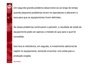 Um segundo grande problema desenvolve-se ao longo do tempo

           quando pequenos problemas levam os operadores a alterarem a

           taxa para que os equipamentos foram definidos.



           Se esses problemas continuarem a persistir, o resultado de saída do

           equipamento pode ser apenas a metade do que para o qual foi

           concebido.



           Isso leva à ineficiência, em seguida, a investimento adicional de

           capital no equipamento, tentando encontrar uma saída para a

           produção exigida.

comunidade lean thinking 
 