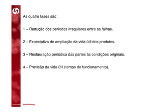 As quatro fases são:


           1 – Redução dos períodos irregulares entre as falhas.


           2 – Expectativa de ampliação da vida útil dos produtos.


           3 – Restauração periódica das partes às condições originais.


           4 – Previsão da vida útil (tempo de funcionamento).




comunidade lean thinking 
 