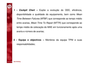 1 - Cockpit Chart – Expõe a evolução do OEE, eficiência,
                disponibilidade e qualidade do equipamento, bem como Mean
                Time Between Failures (MTBF) que corresponde ao tempo médio
                entre avarias, Mean Time To Repair (MTTR) que corresponde ao
                tempo médio de colocação do MAE em funcionamento após uma
                avaria e número de avarias;


           2 - Equipa e objectivos – Membros da equipa TPM e suas
                responsabilidades;




comunidade lean thinking 
 