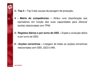 3 - Top 3 – Top 3 das causas de paragem de produção;


           4 - Matriz de competências – Atribui uma classificação aos
                operadores em função das suas capacidades para efectuar
                tarefas relacionadas com TPM;


           5 - Registos diários e por turno do OEE – Expõe a evolução diária
                e por turno do OEE;


           6 - Acções correctivas – Listagem de todas as acções correctivas
                relacionadas com OEE, QCO e MA.




comunidade lean thinking 
 