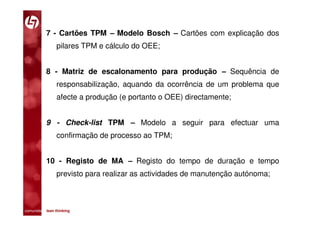 7 - Cartões TPM – Modelo Bosch – Cartões com explicação dos
                pilares TPM e cálculo do OEE;


           8 - Matriz de escalonamento para produção – Sequência de
                responsabilização, aquando da ocorrência de um problema que
                afecte a produção (e portanto o OEE) directamente;


           9 - Check-list TPM – Modelo a seguir para efectuar uma
                confirmação de processo ao TPM;


           10 - Registo de MA – Registo do tempo de duração e tempo
                previsto para realizar as actividades de manutenção autónoma;



comunidade lean thinking 
 