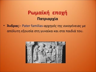 Ρωμαϊκή  εποχή Πατριαρχία Άνδρας : -   Pater familias- αρχηγός της οικογένειας  με απόλυτη εξουσία στη γυναίκα και στα παιδιά του .  