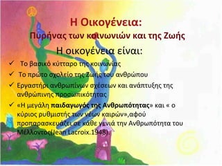 Η Οικογένεια:  Πυρήνας των κοινωνιών   και της Ζωής Η οικογένεια είναι: Το βασικό κύτταρο της κοινωνίας Το πρώτο σχολείο της Ζωής του ανθρώπου  Εργαστήρι ανθρωπίνων σχέσεων και ανάπτυξης της ανθρώπινης προσωπικότητας «Η μεγάλη  παιδαγωγός της Ανθρωπότητας » και « ο κύριος ρυθμιστής των νέων καιρών»,αφού προπαρασκευάζει σε κάθε γενιά την  A νθρωπότητα του Μέλλοντος( Jean Lacroix.1948).   