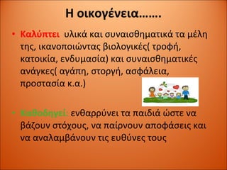 Η οικογένεια……. Καλύπτει   υλικά και συναισθηματικά τα μέλη της, ικανοποιώντας βιολογικές( τροφή, κατοικία, ενδυμασία) και συναισθηματικές ανάγκες( αγάπη, στοργή, ασφάλεια, προστασία κ.α.) Καθοδηγεί :  ενθαρρύνει τα παιδιά ώστε να βάζουν στόχους, να παίρνουν αποφάσεις και να αναλαμβάνουν τις ευθύνες τους  