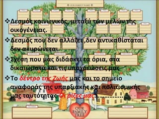 Δεσμός κοινωνικός, μεταξύ των μελών της οικογένειας. Δεσμός που δεν αλλάζει ,δεν αντικαθίσταται δεν ακυρώνεται. Σχέση που μας διδάσκει τα όρια, στα δικαιώματα και τις υποχρεώσεις μας Το  δέντρο της Ζωής   μας και το σημείο αναφοράς της υπαρξιακής και πολιτισμικής μας ταυτότητας- Οι ρίζες μας …………….. 