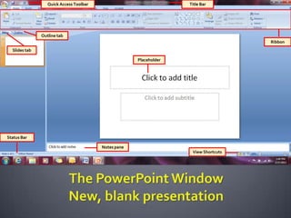 Ribbon
Notes pane
Status Bar
Outline tab
Slides tab
Title BarQuick Access Toolbar
Placeholder
View Shortcuts