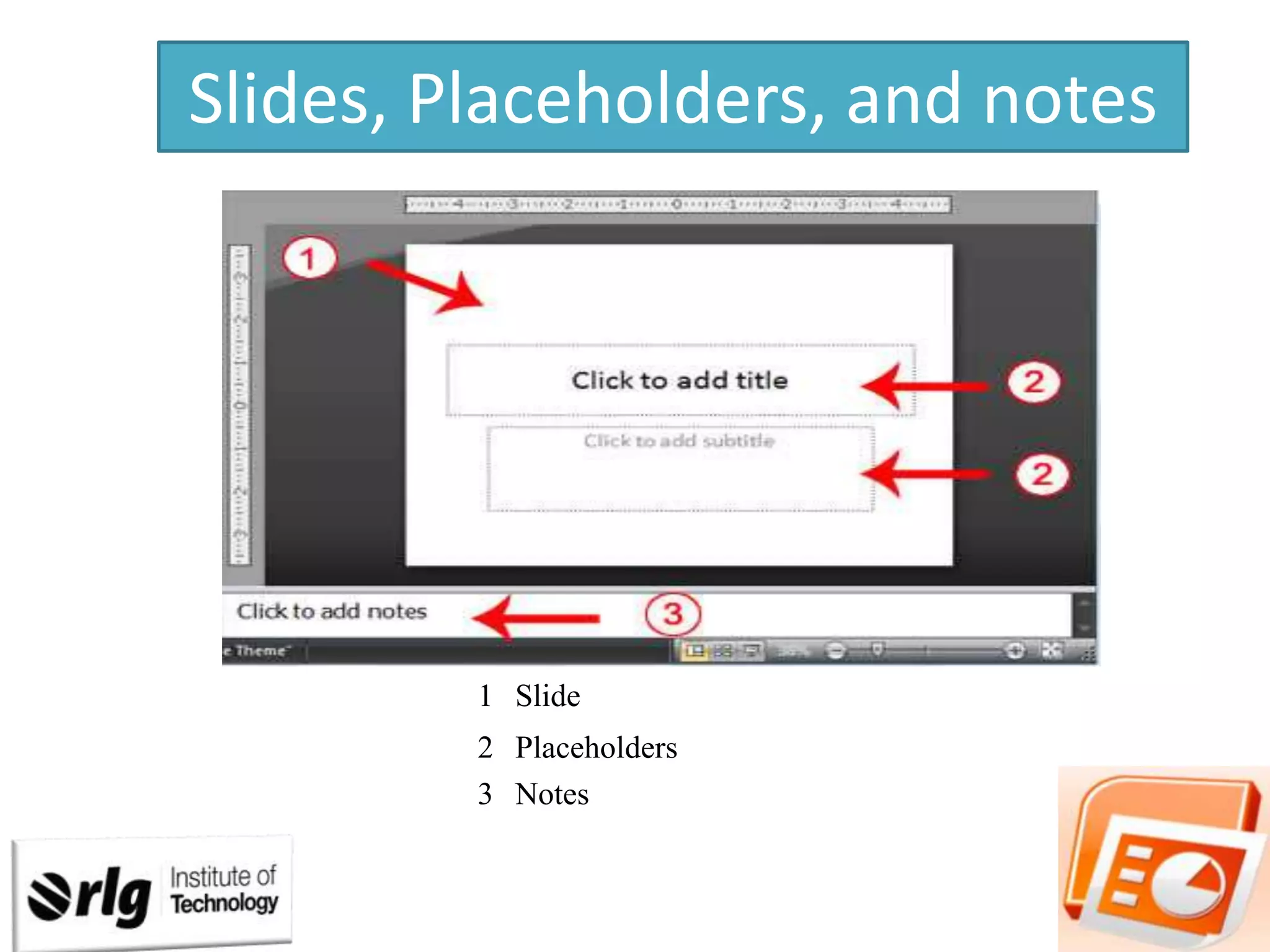 Slides, Placeholders, and notes

1 Slide
2 Placeholders
3 Notes

 